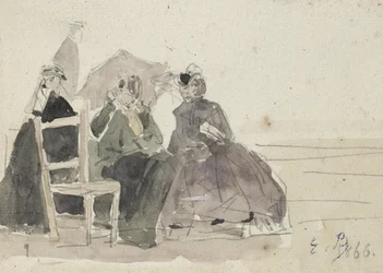 Drie vrouwen zittend op stoelen op een strand